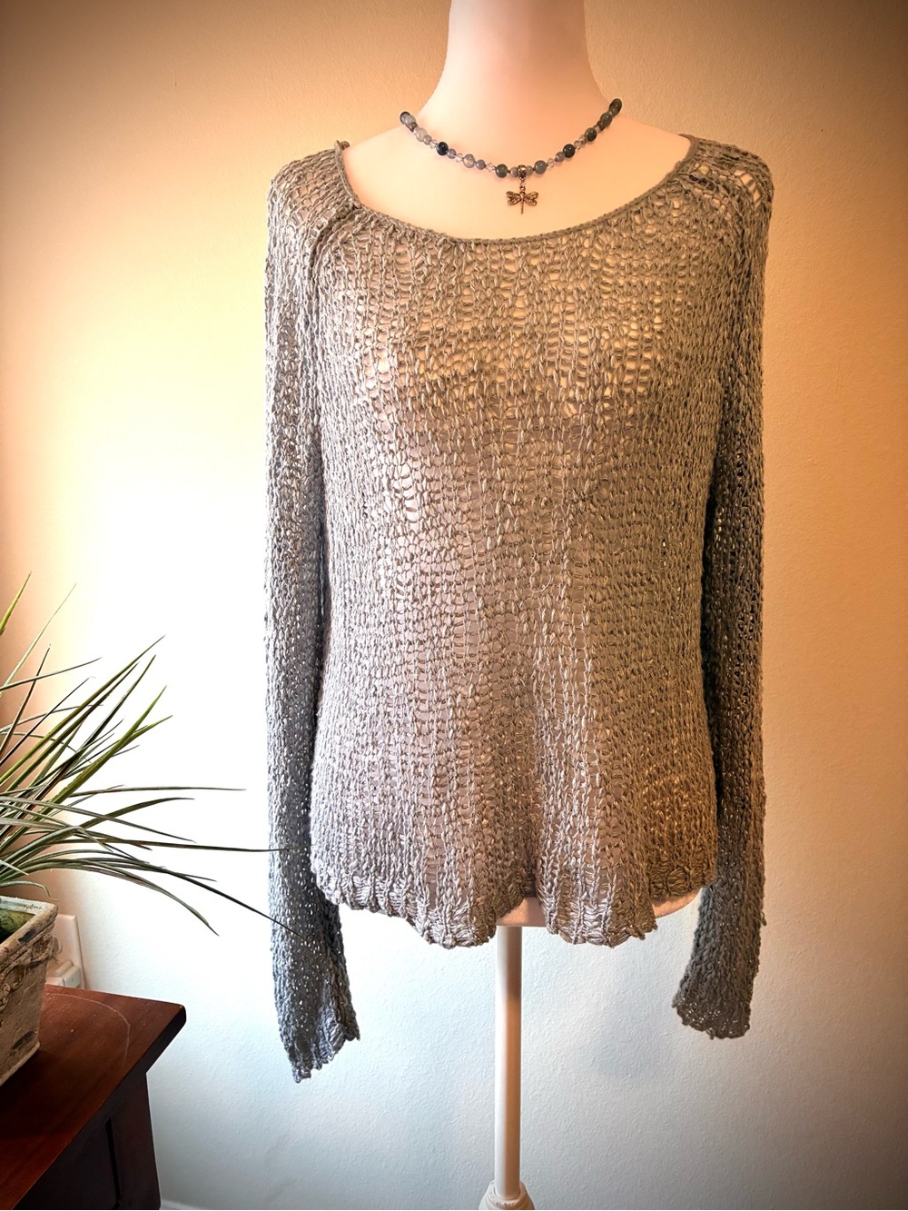 Lightweight Open Weave Knit Sweater - Heather Gray Medium